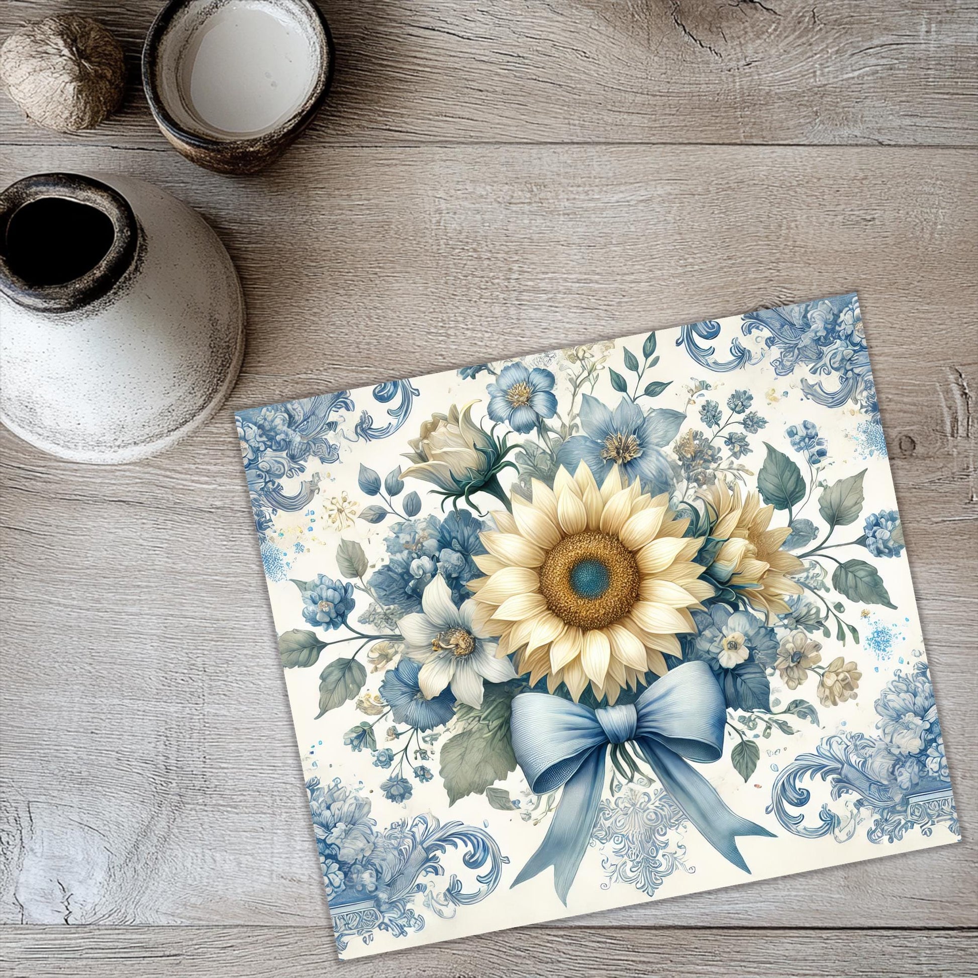 a painting of a sunflower with blue and white flowers
