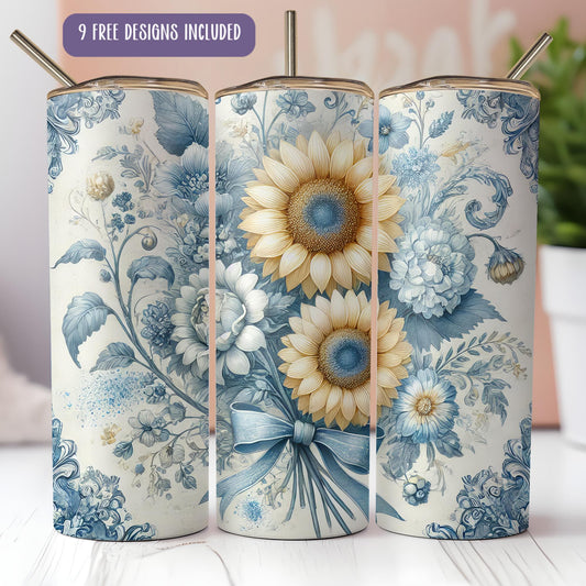 a set of three blue and white vases with sunflowers on them