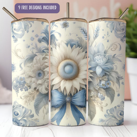 a set of three blue and white vases with flowers on them