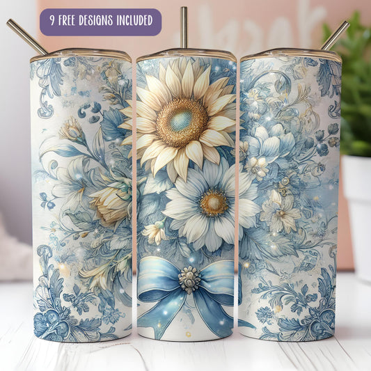 a set of three blue and white vases with flowers on them