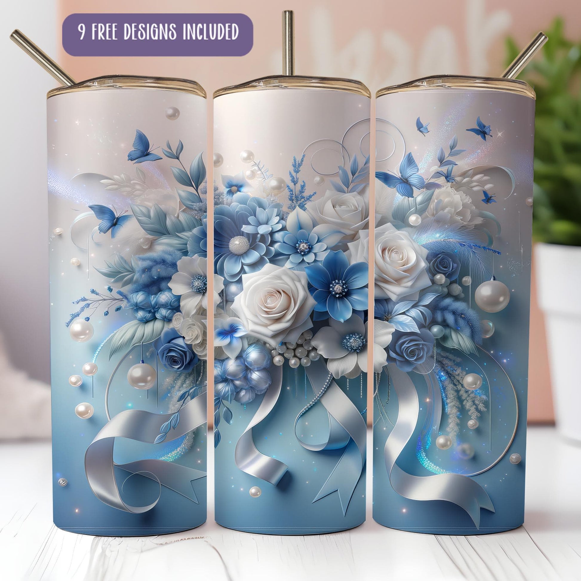 a set of three blue and white vases with flowers on them