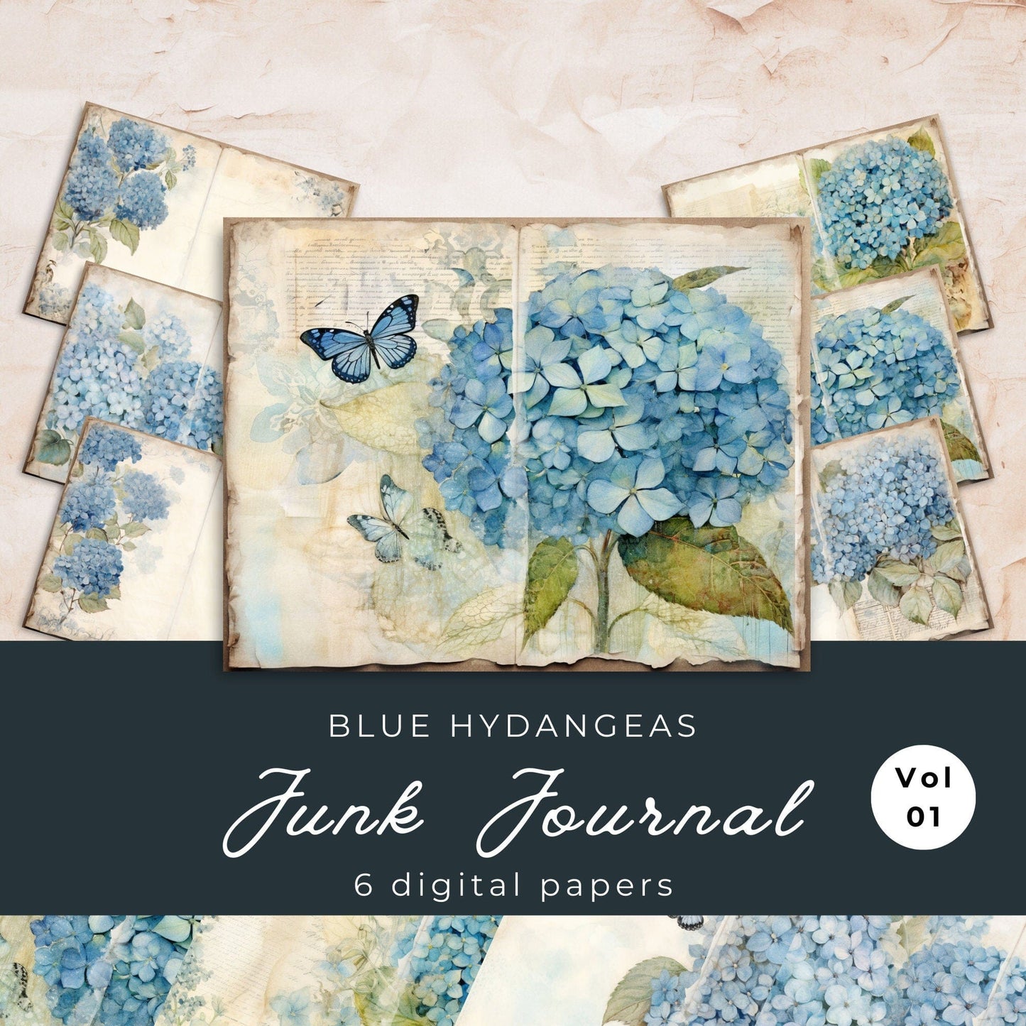 Blue Hydrangea Floral Junk Journal Pages