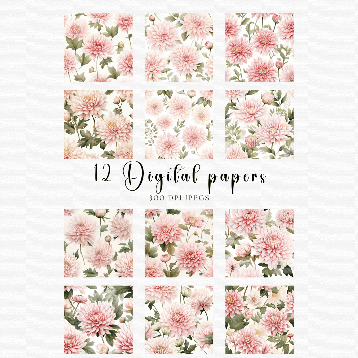 12 digital papers with pink flowers and leaves