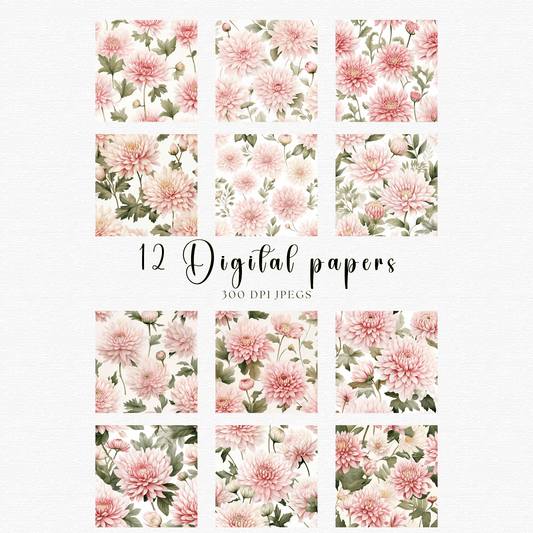 12 digital papers with pink flowers and leaves