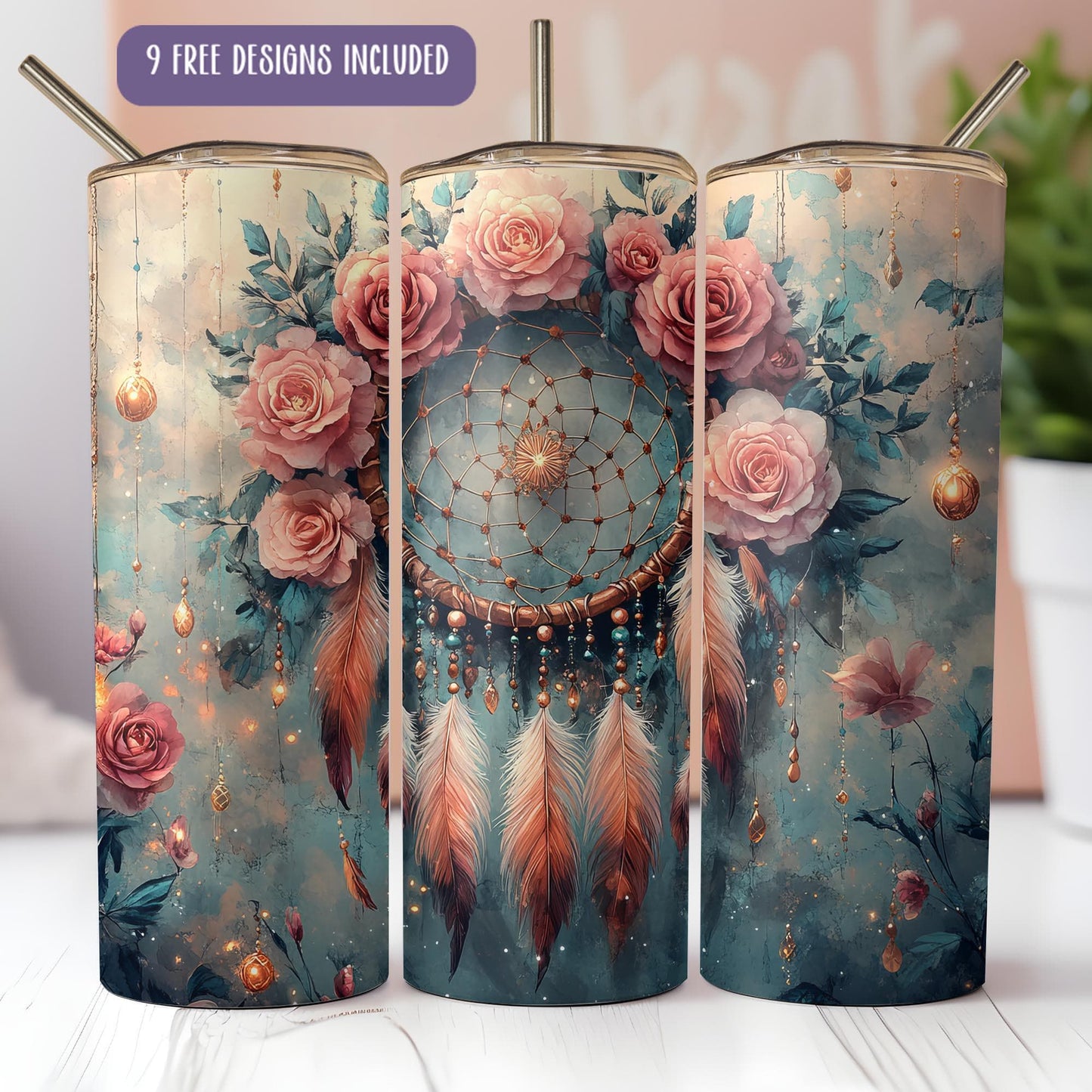 a set of three pink roses and a dream catcher on a blue background