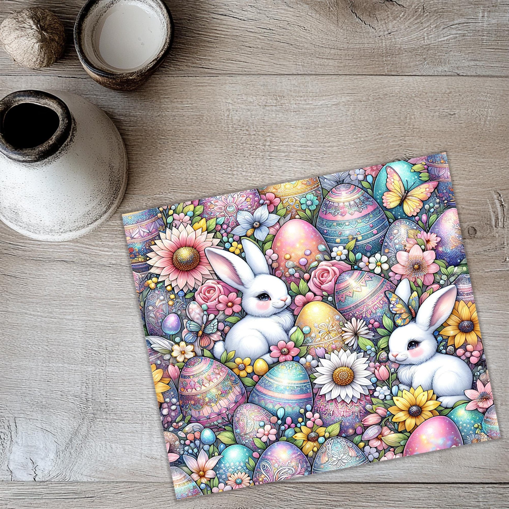 a painting of a bunny surrounded by flowers and eggs