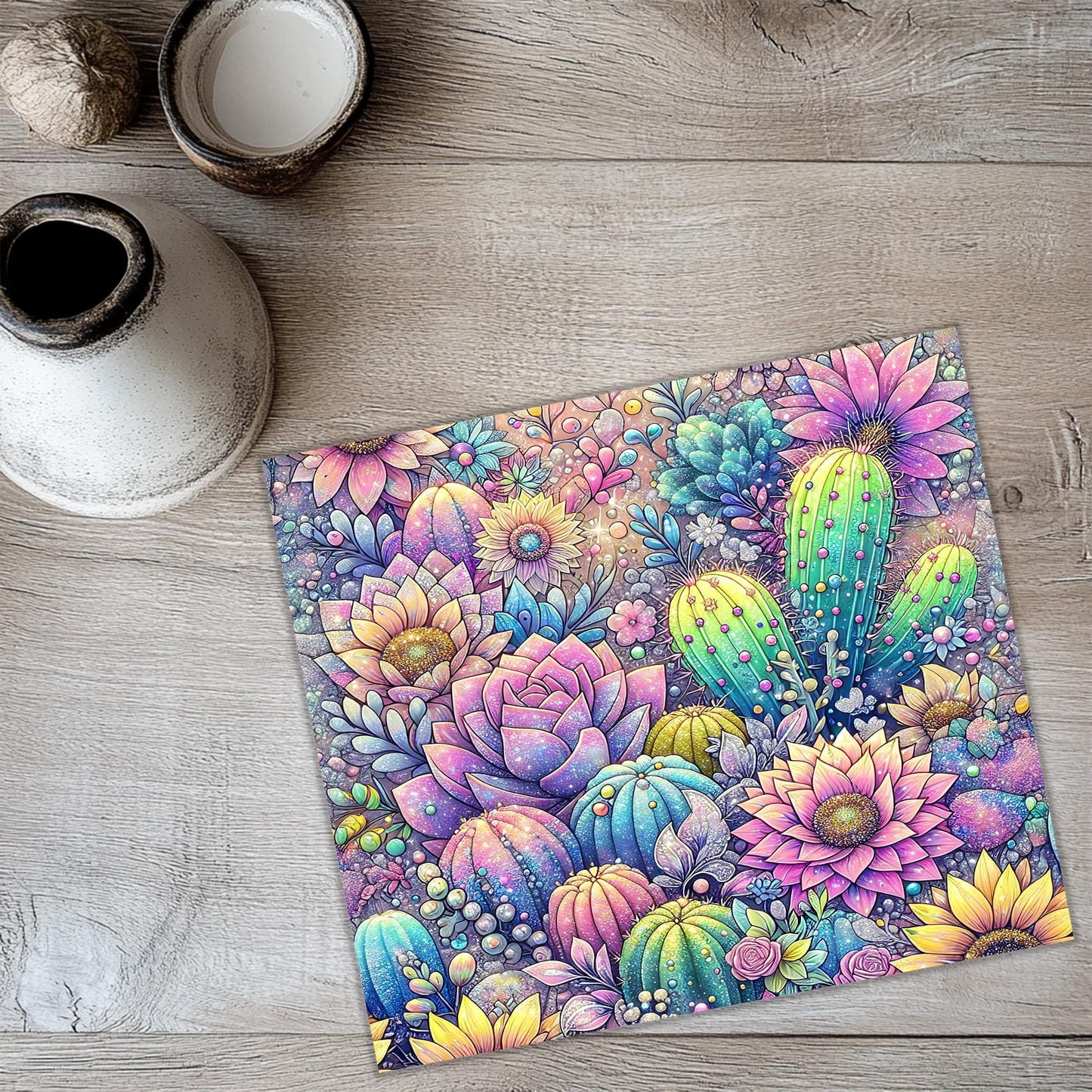 a painting of a cactus surrounded by flowers