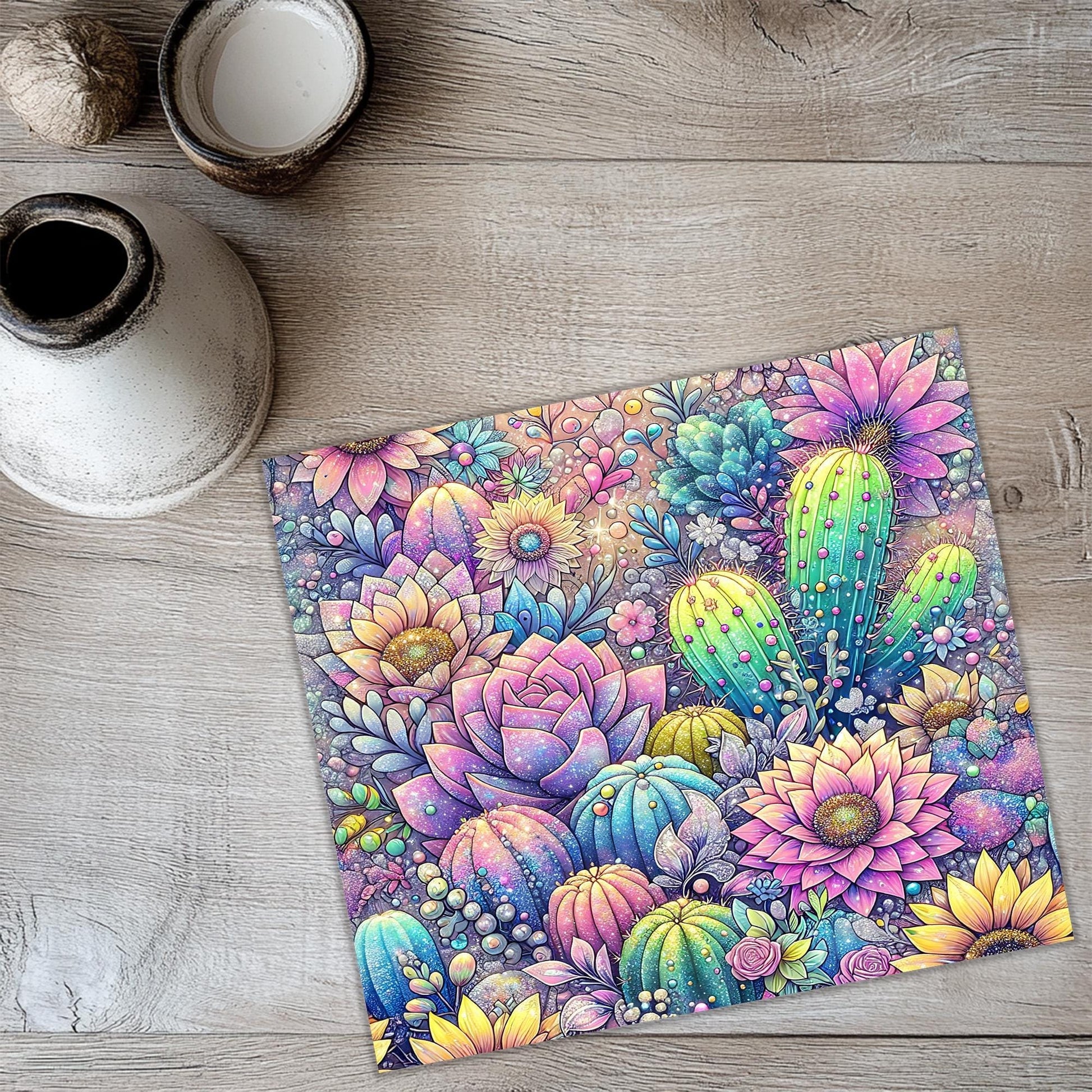 a painting of a cactus surrounded by flowers