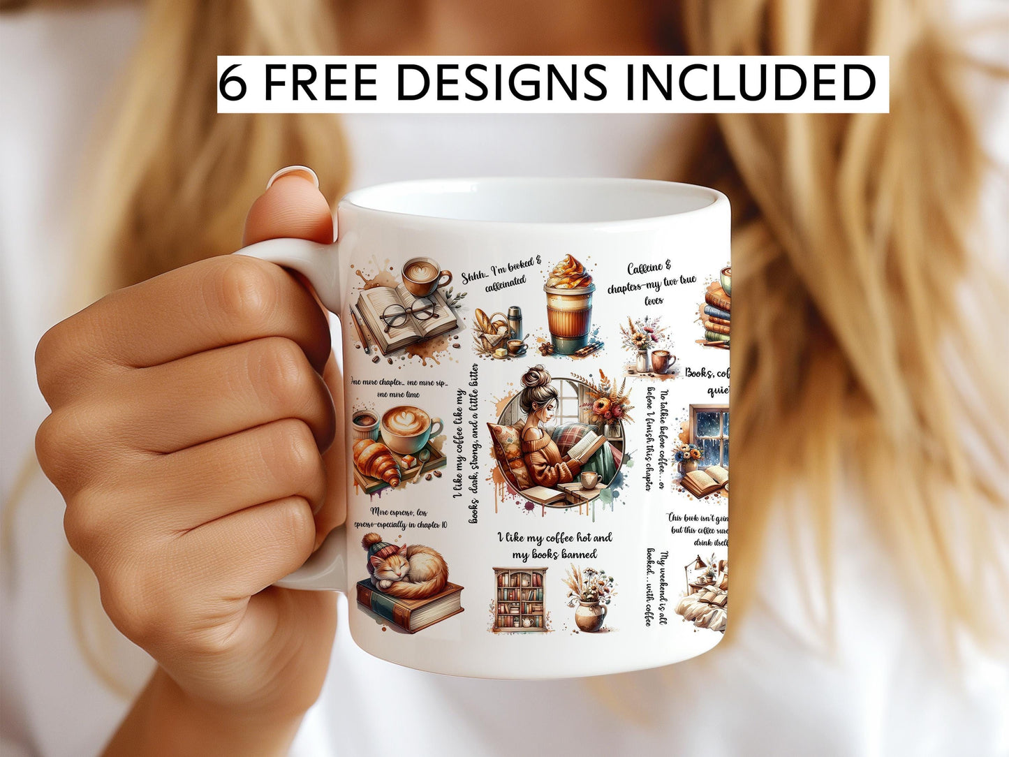 a woman is holding a coffee mug with pictures on it