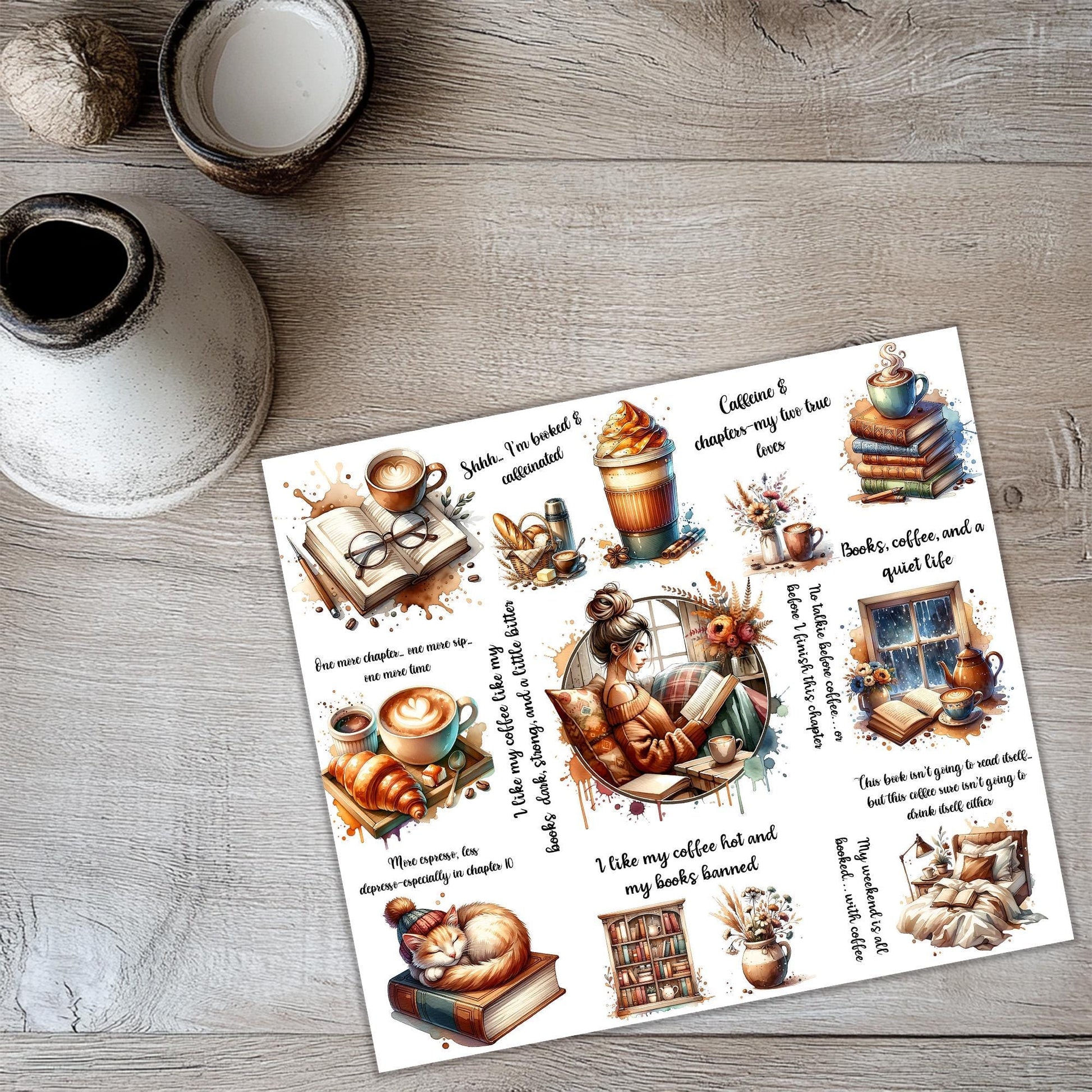 a sticker sheet with a picture of coffee and cats on it