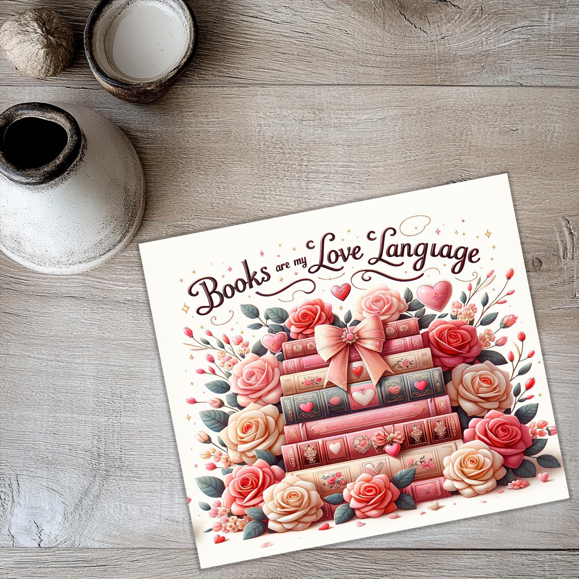 a card with a picture of a stack of books