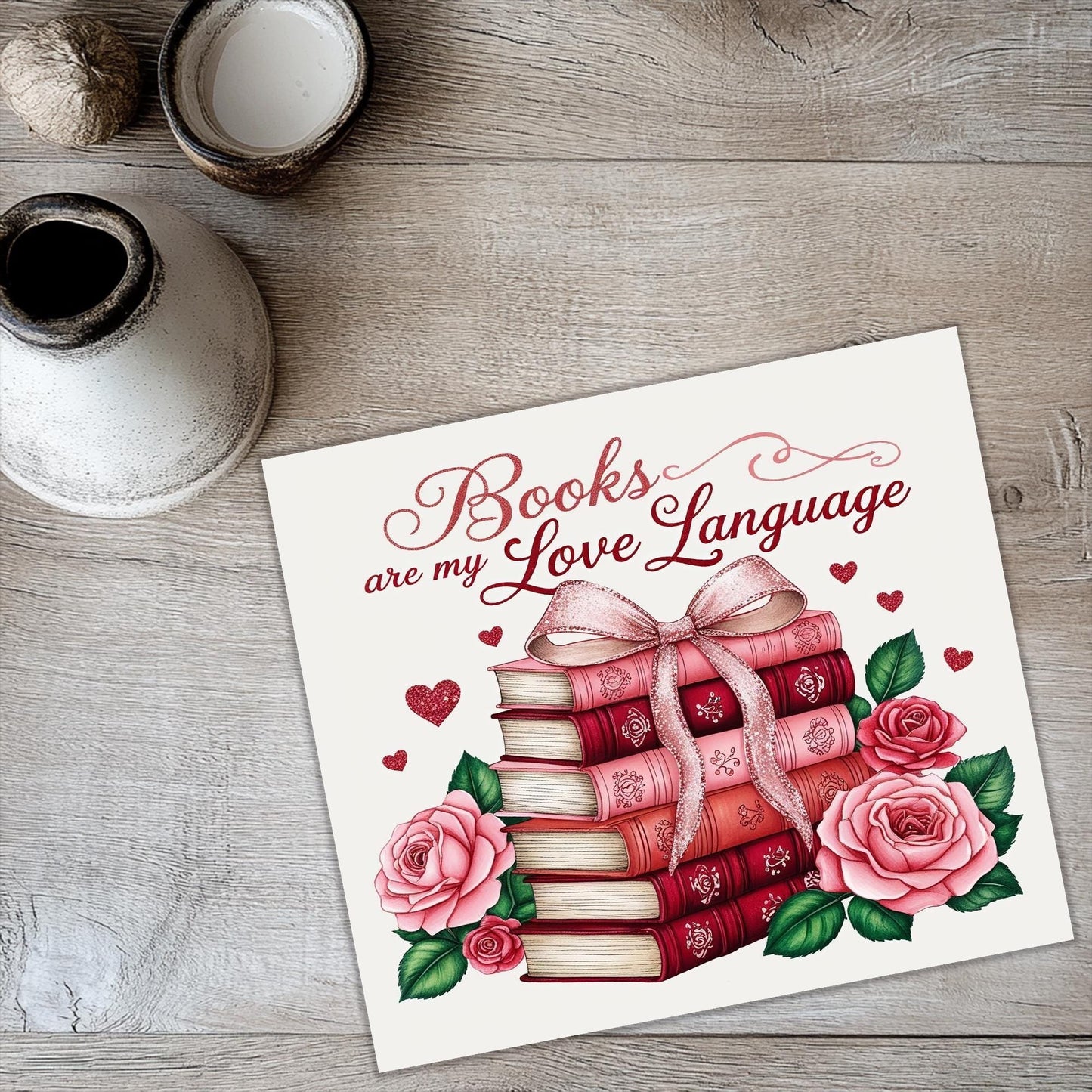 a card with a picture of a stack of books