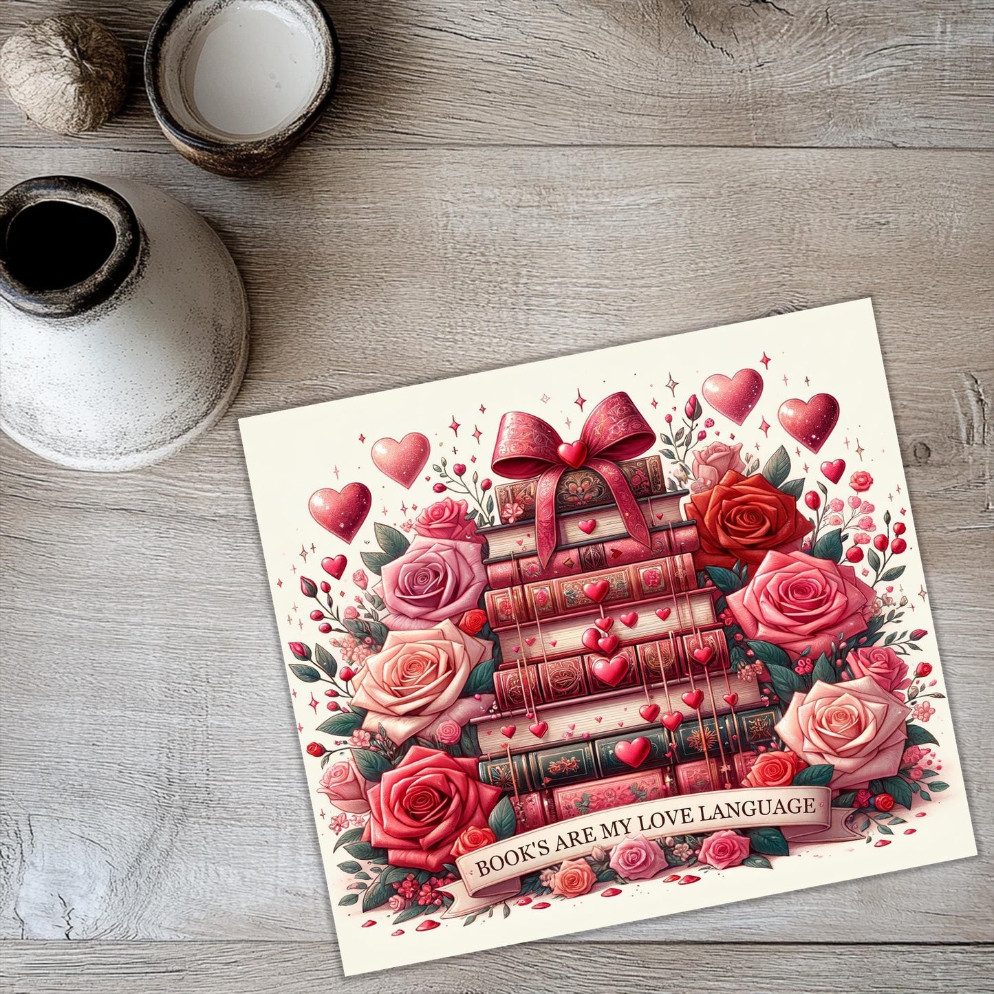 a card with a picture of a stack of books and roses