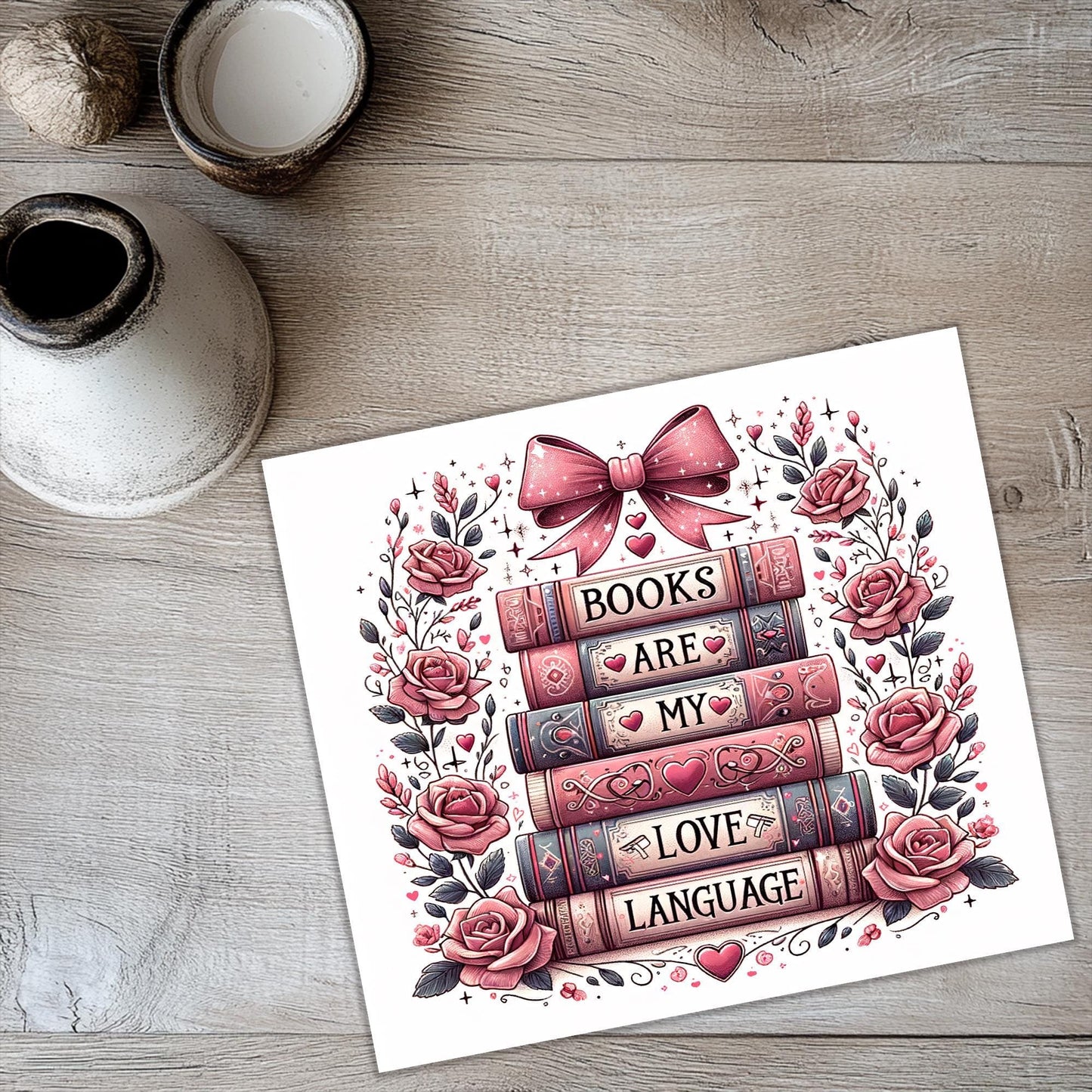 a card with a picture of a stack of books