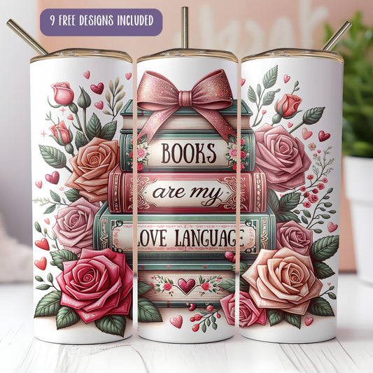 three coffee mugs decorated with roses and books