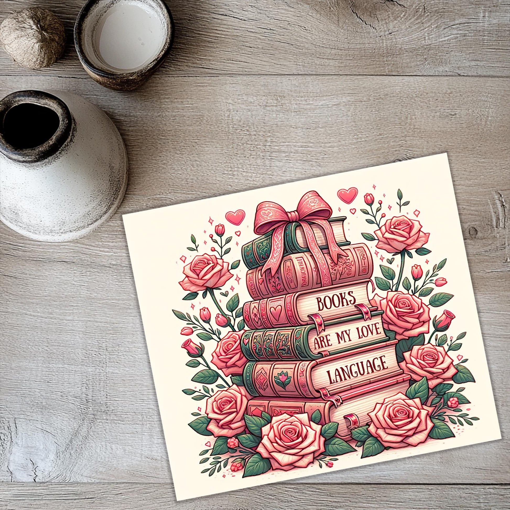 a card with a stack of books on top of it