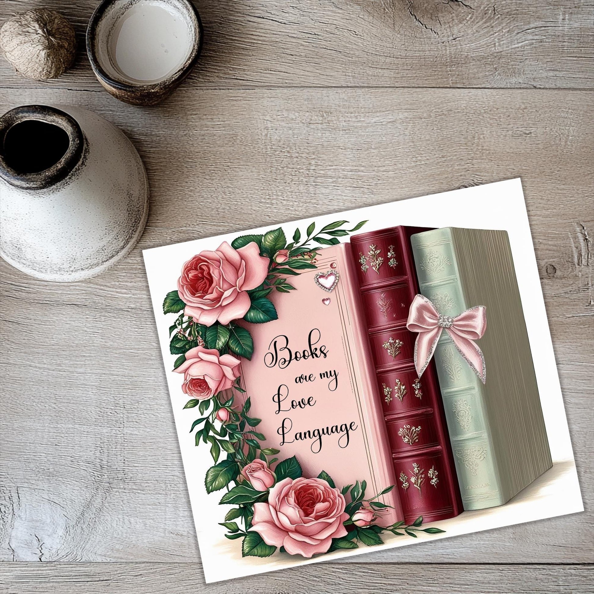 there is a card with a picture of books on it