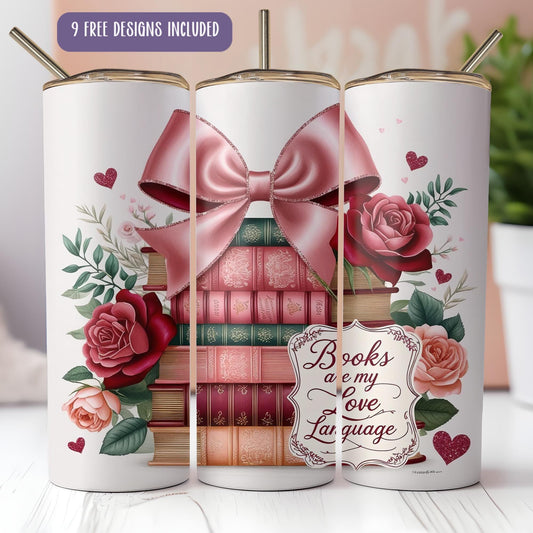 a set of three coffee mugs decorated with books and roses