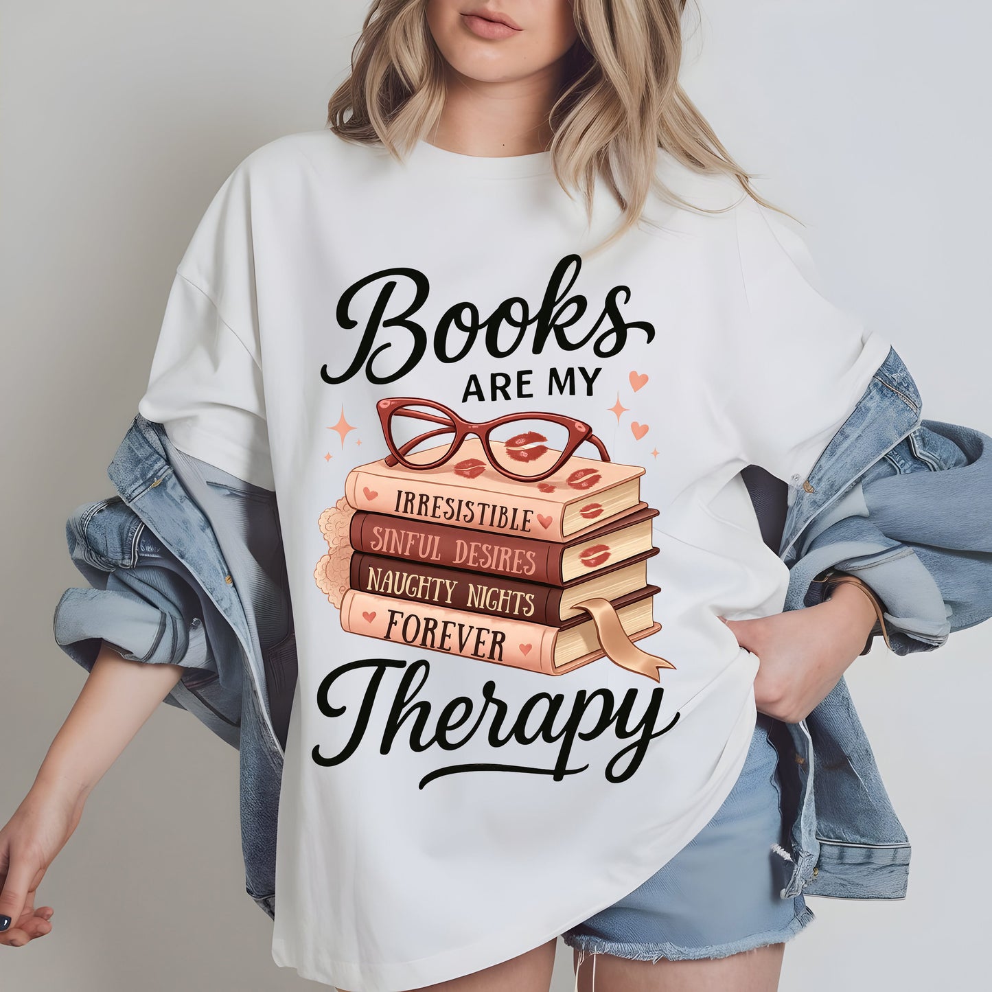 a woman wearing a t - shirt that says books are my therapy