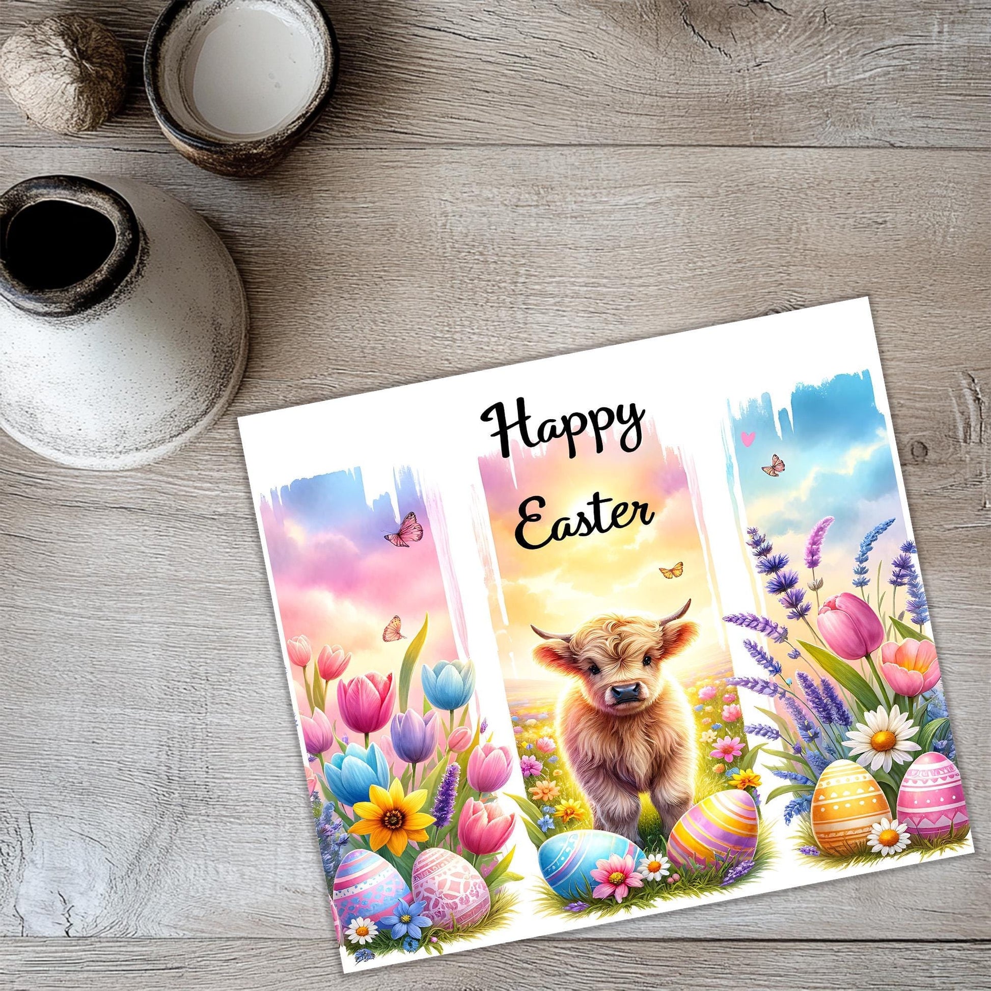 a greeting card with a picture of a cow in a field of flowers