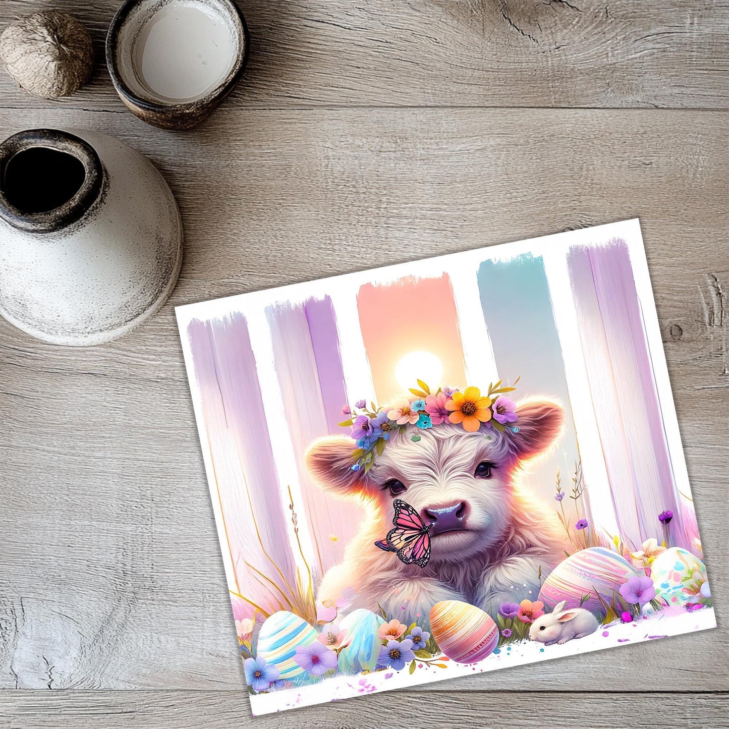 a picture of a cow with a flower crown on its head