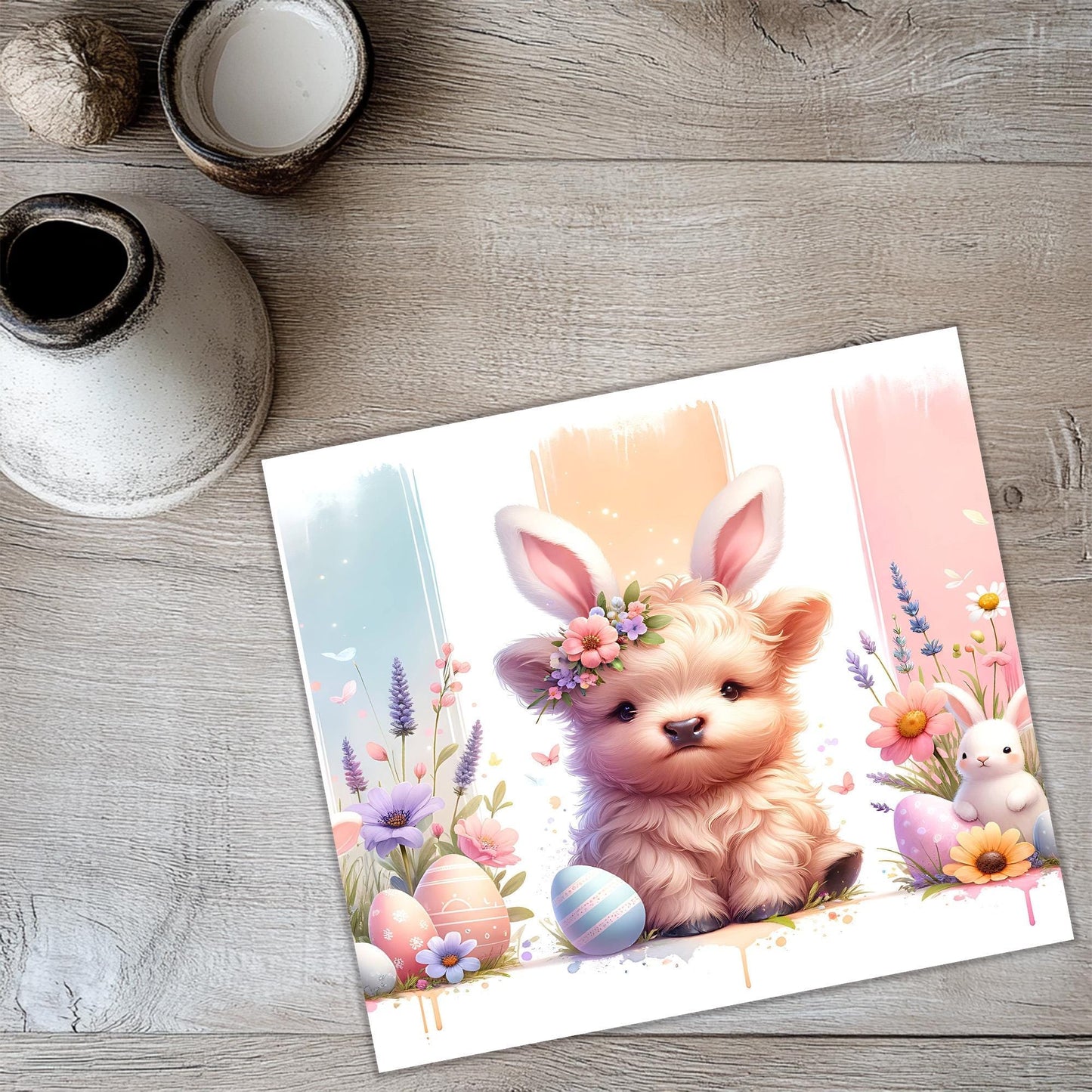 a card with a picture of a dog and bunny