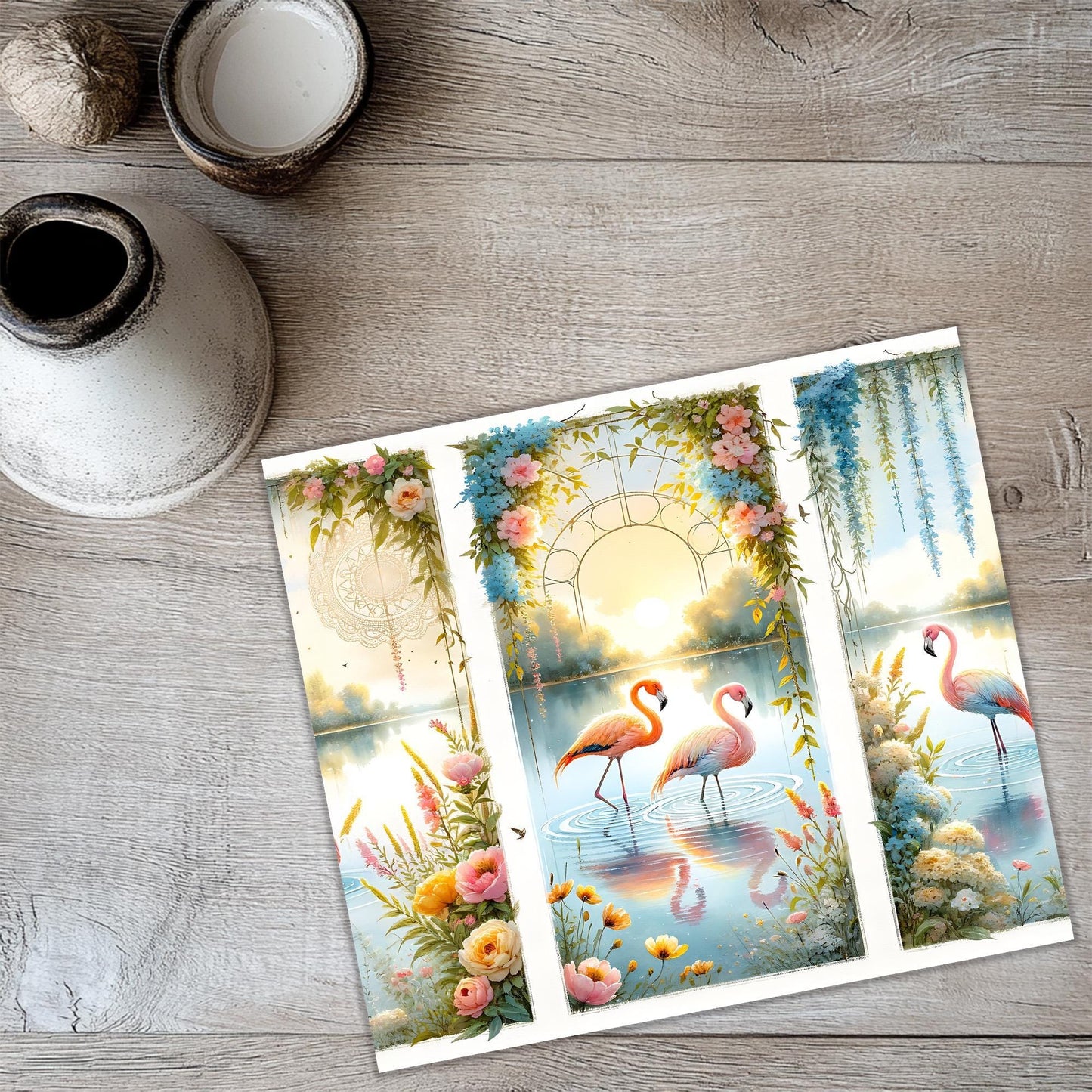 three cards with flamingos and flowers on them