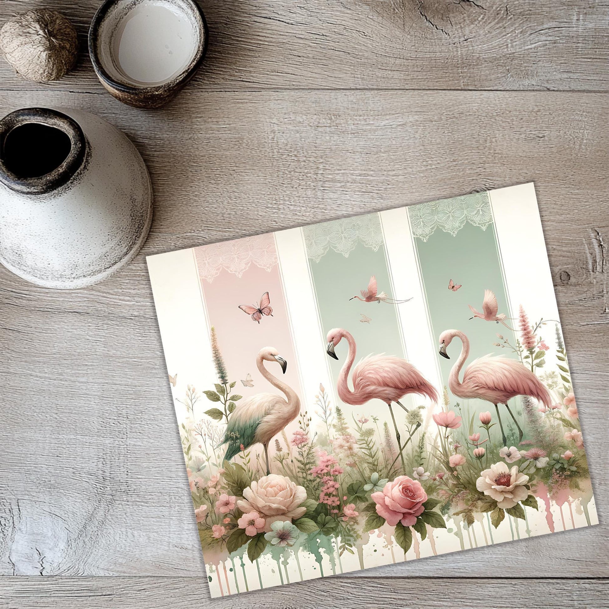 a painting of three flamingos in a field of flowers