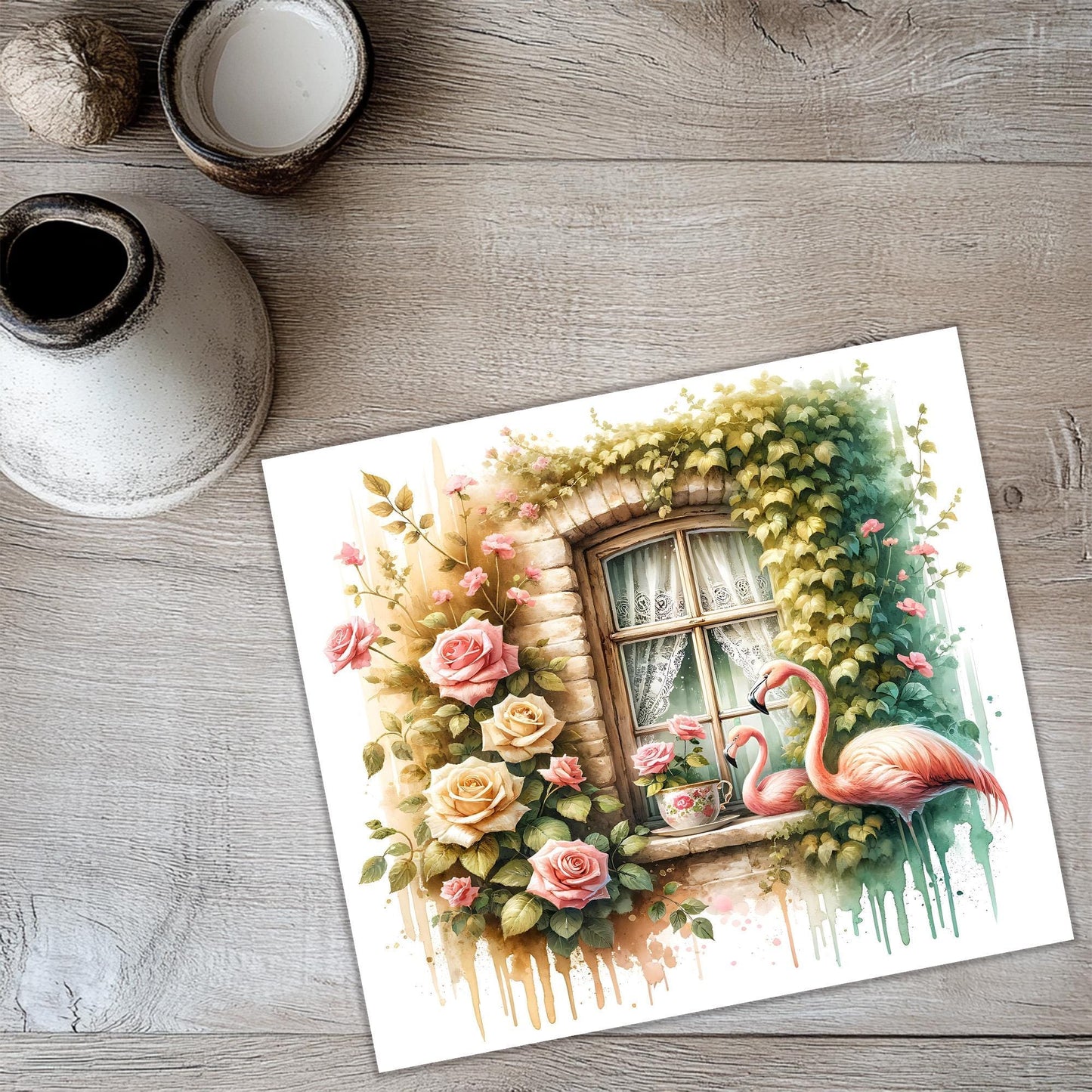 a painting of a window with flowers and a flamingo