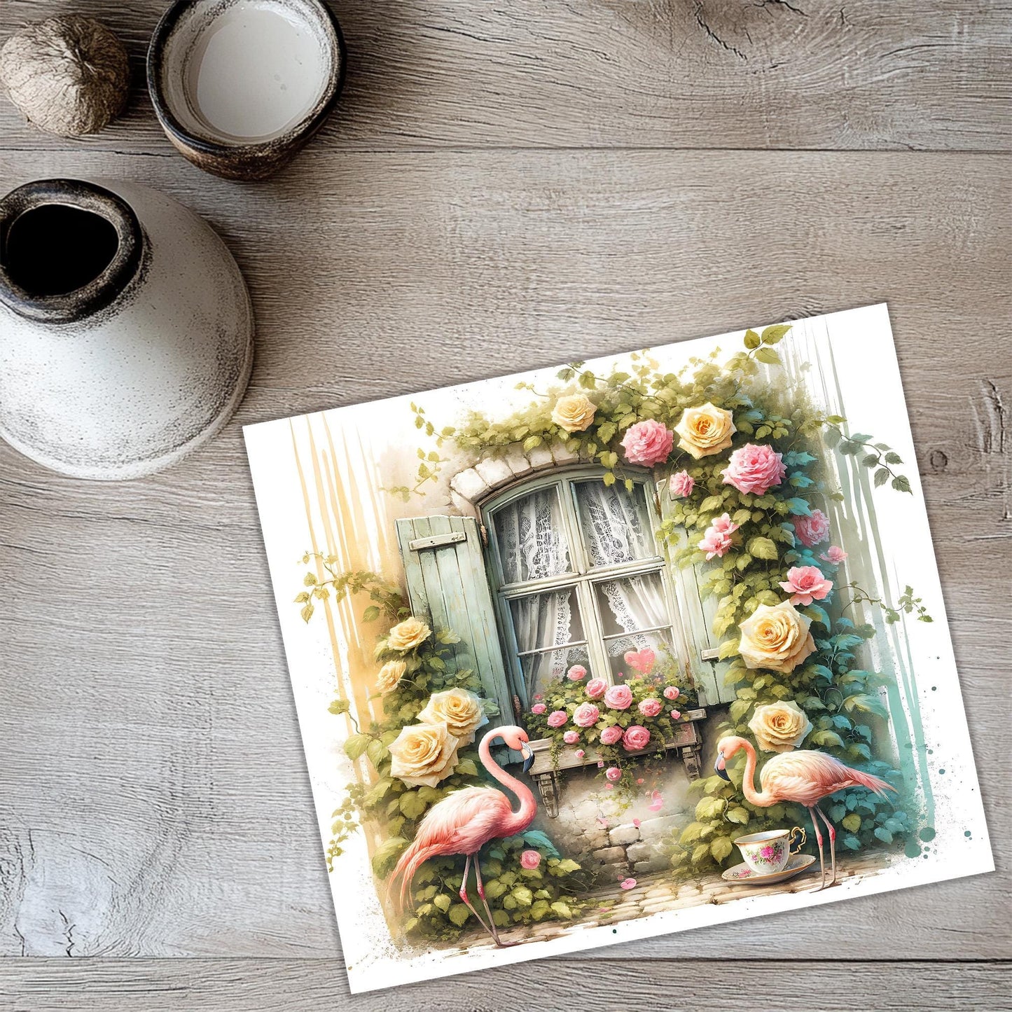 a card with a picture of a window and flamingos