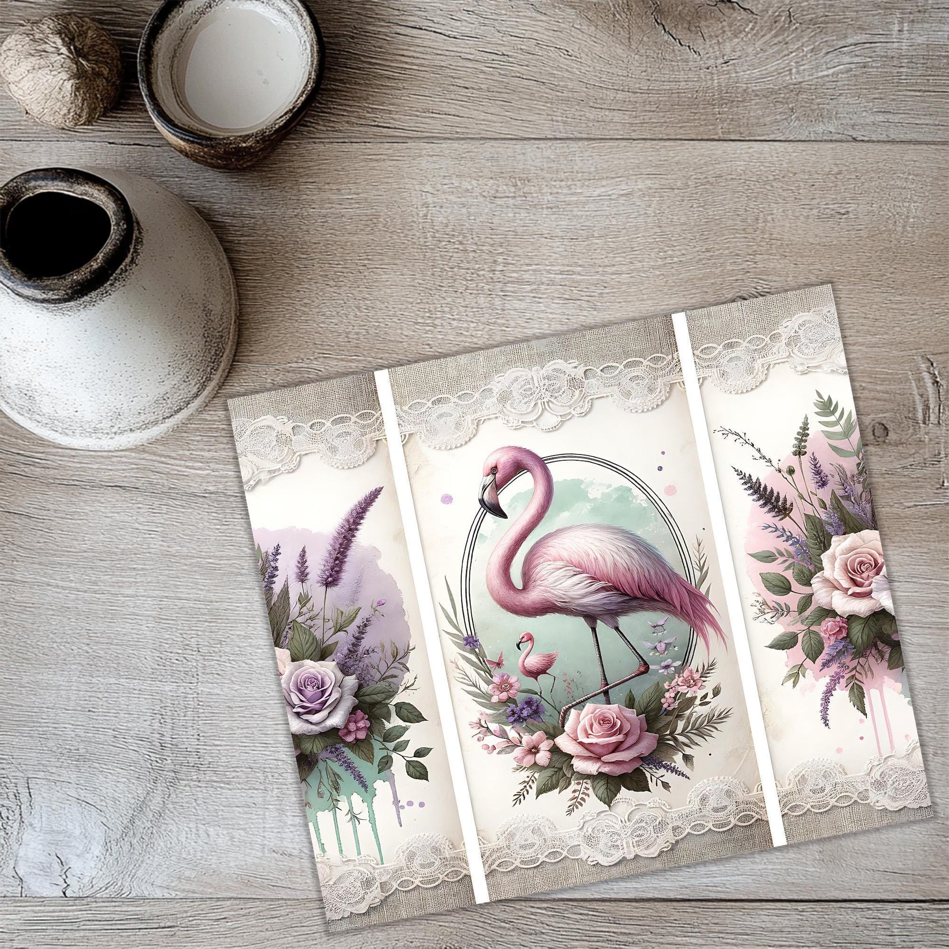 three cards with a pink flamingo on them