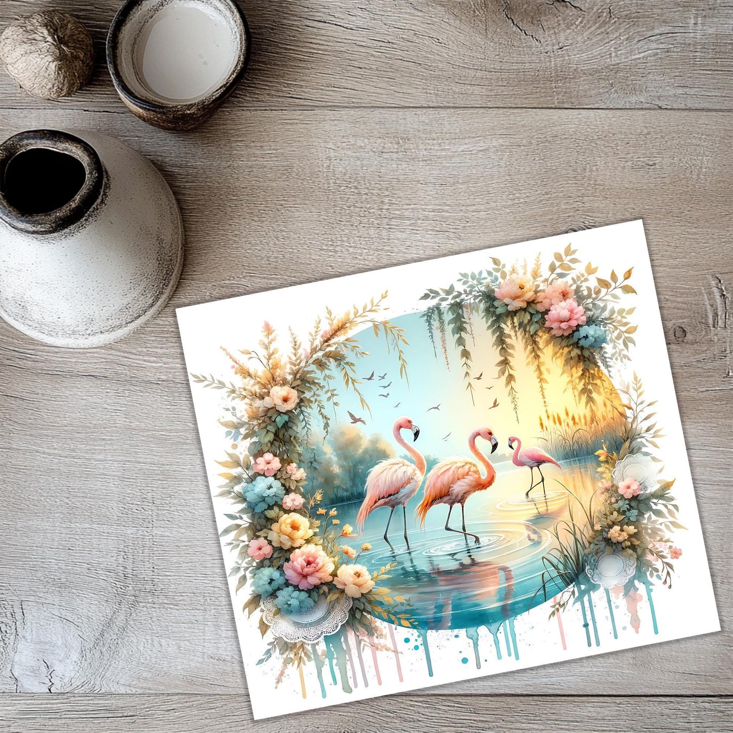 a painting of two flamingos in a lake surrounded by flowers