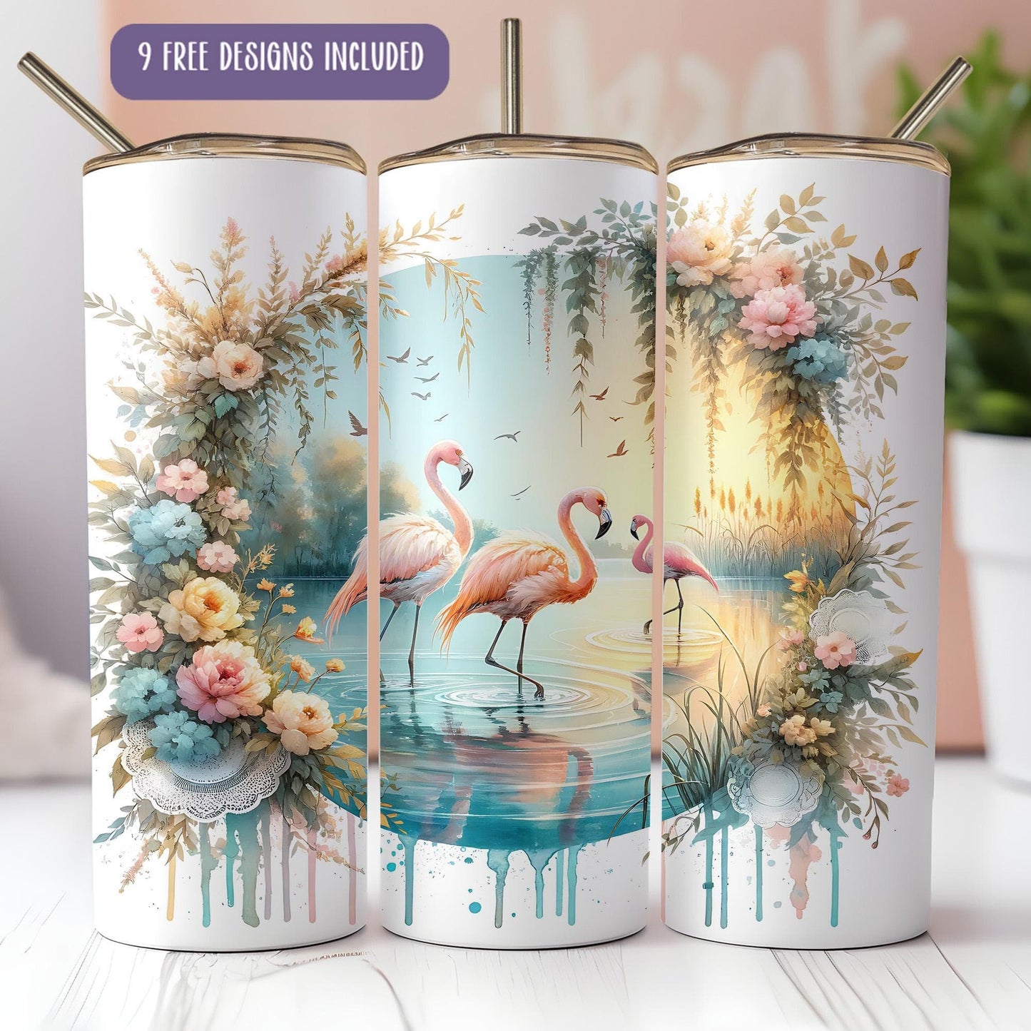 a group of three flamingos standing on top of a body of water