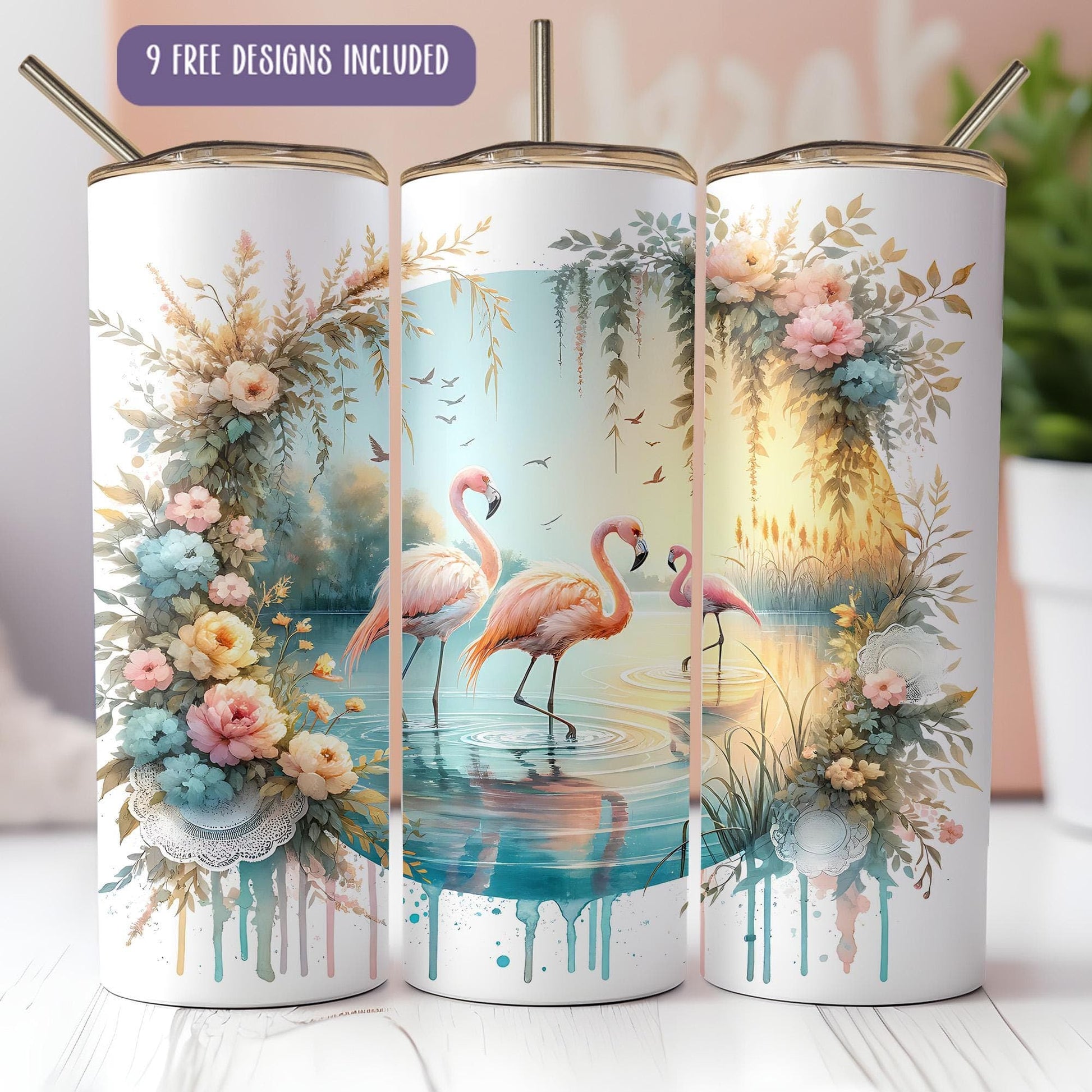 a group of three flamingos standing on top of a body of water