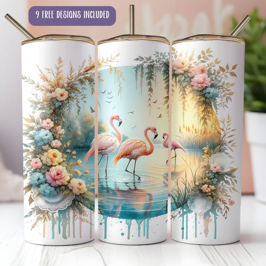 a group of three flamingos standing on top of a body of water