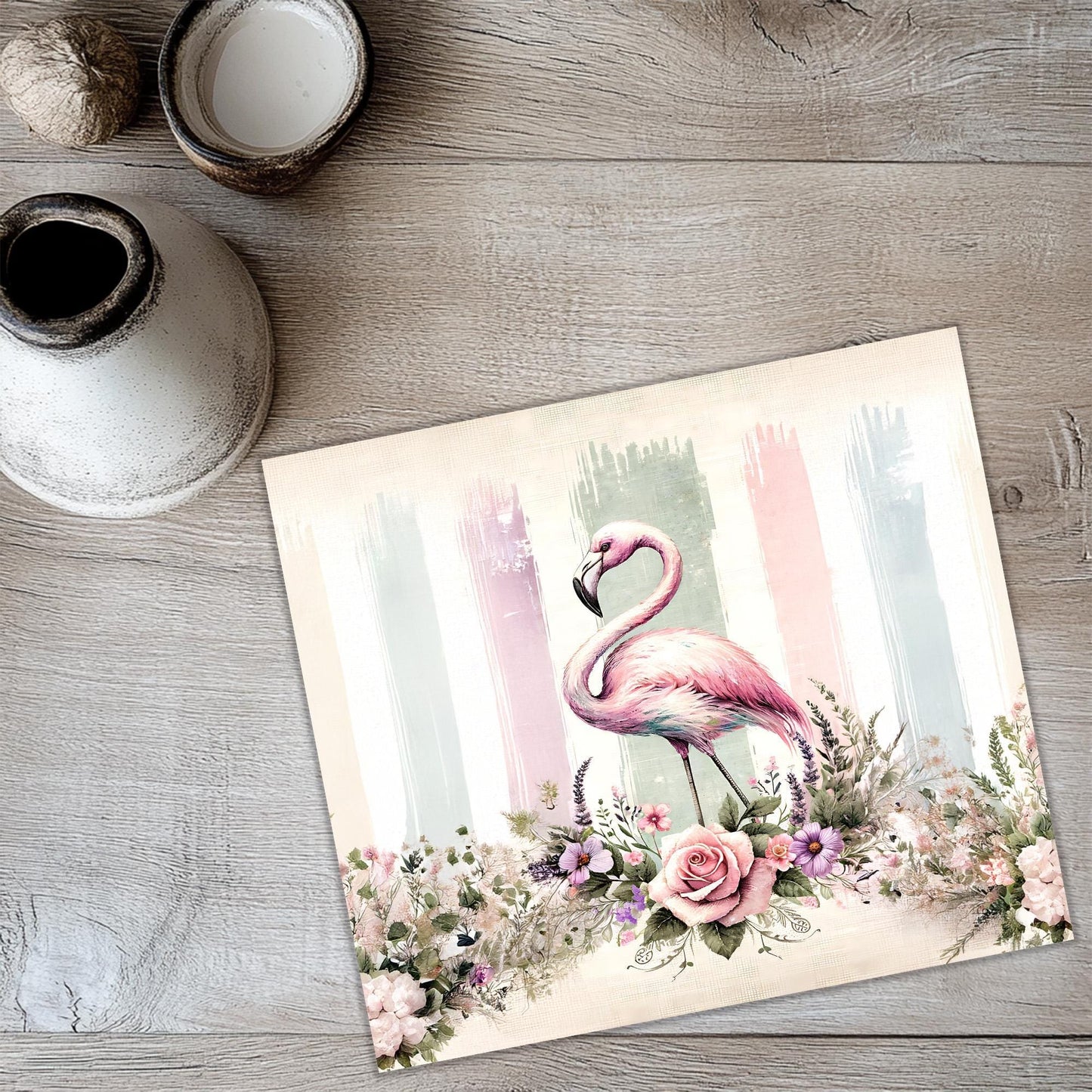 a painting of a pink flamingo surrounded by flowers
