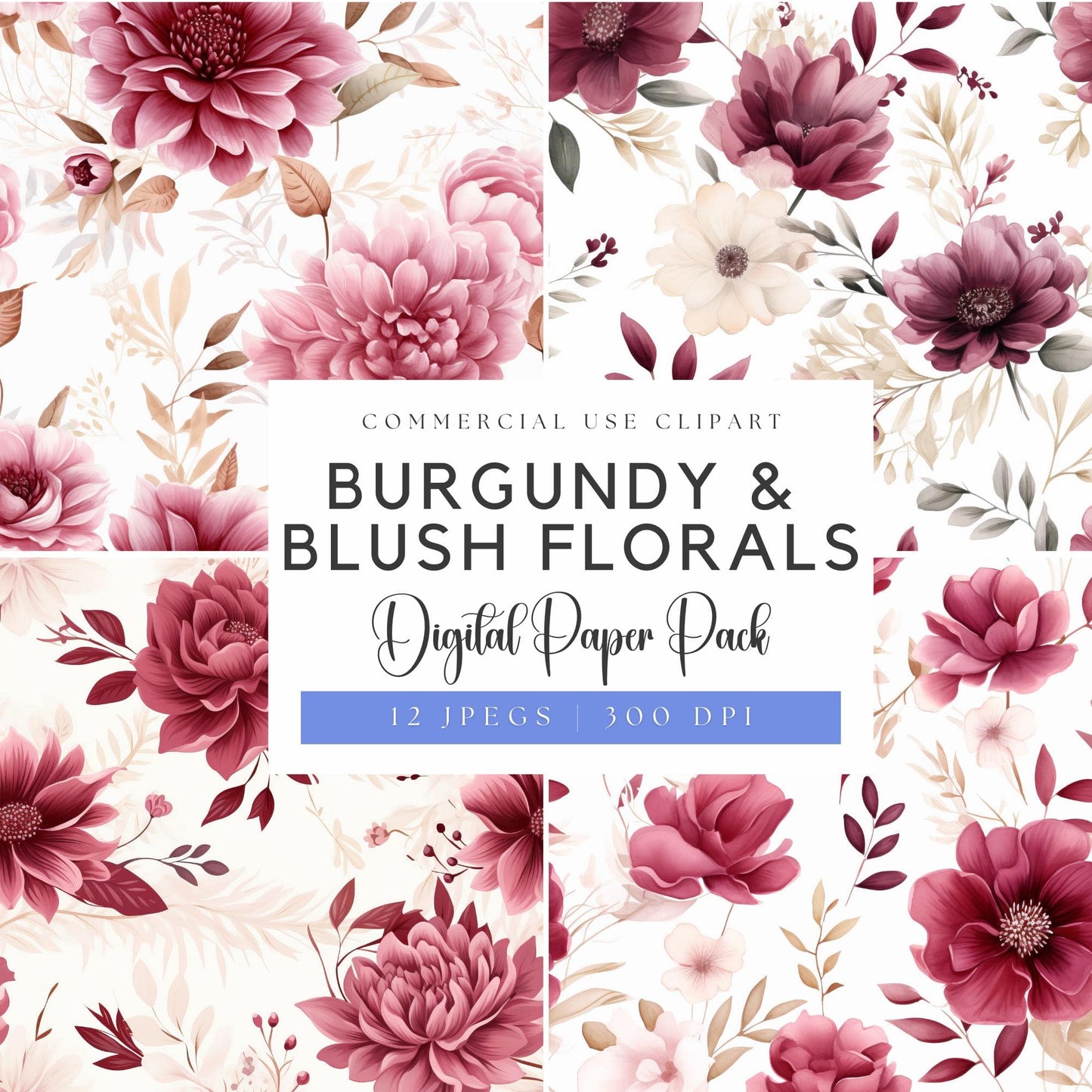 Burgundy and Blush Floral digital paper pack