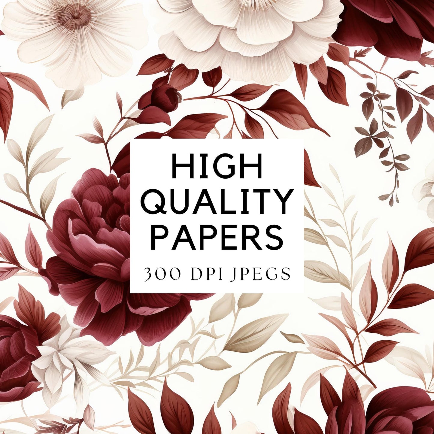 Burgundy and White floral Digital Papers