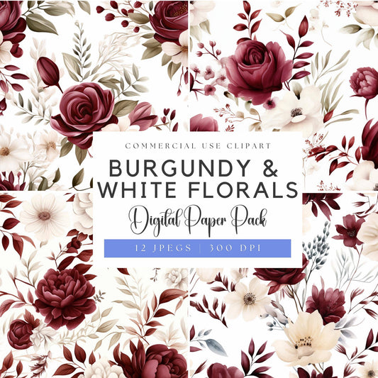 Burgundy and White floral Digital Papers