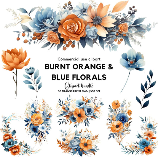 Burnt Orange and Blue Floral clipart