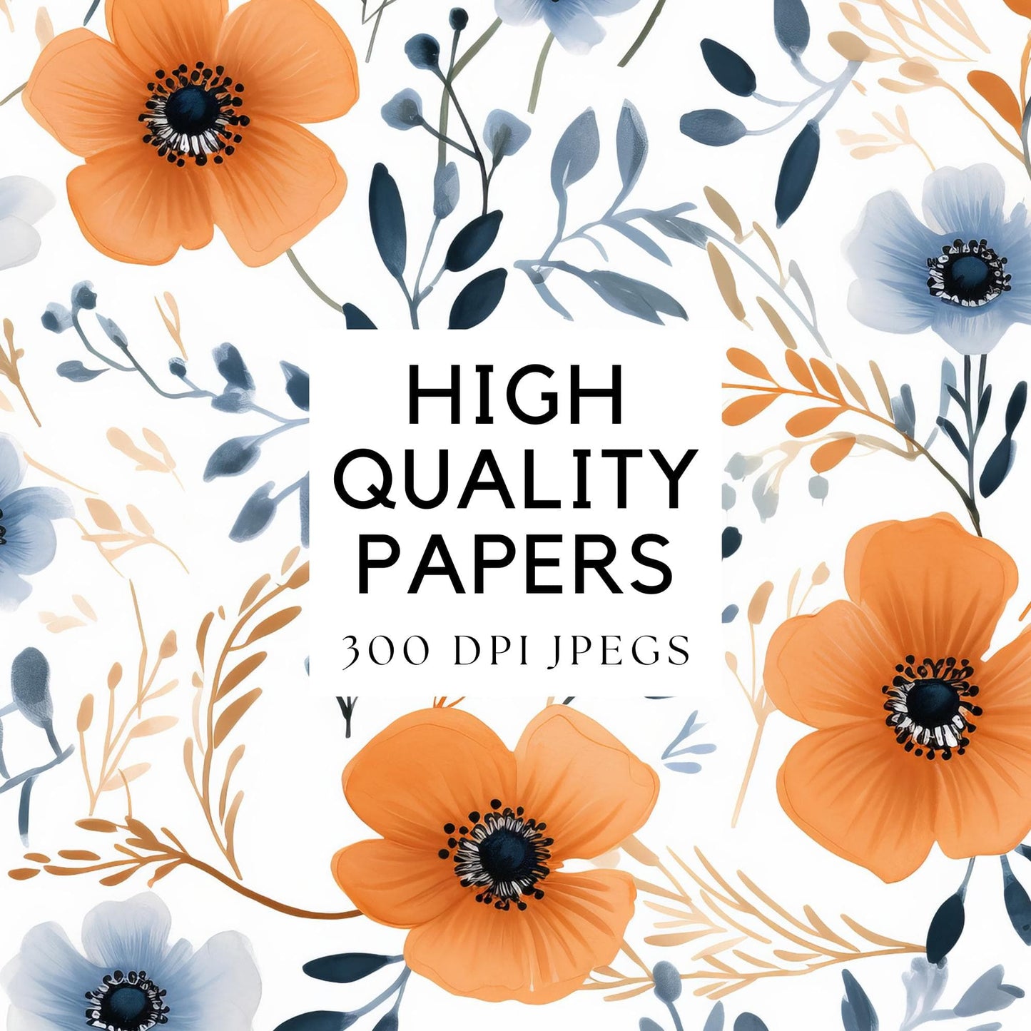 Burnt Orange and Blue Floral Digital paper