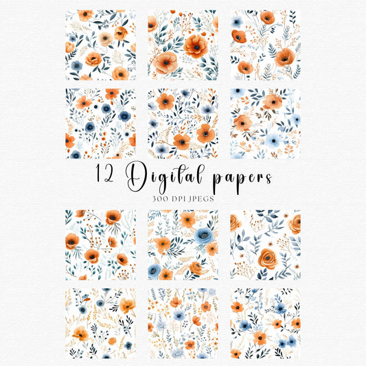 Burnt Orange and Blue Floral Digital paper