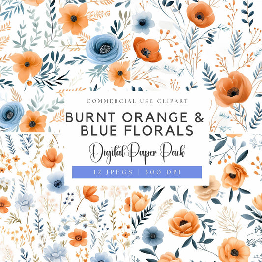 Burnt Orange and Blue Floral Digital paper