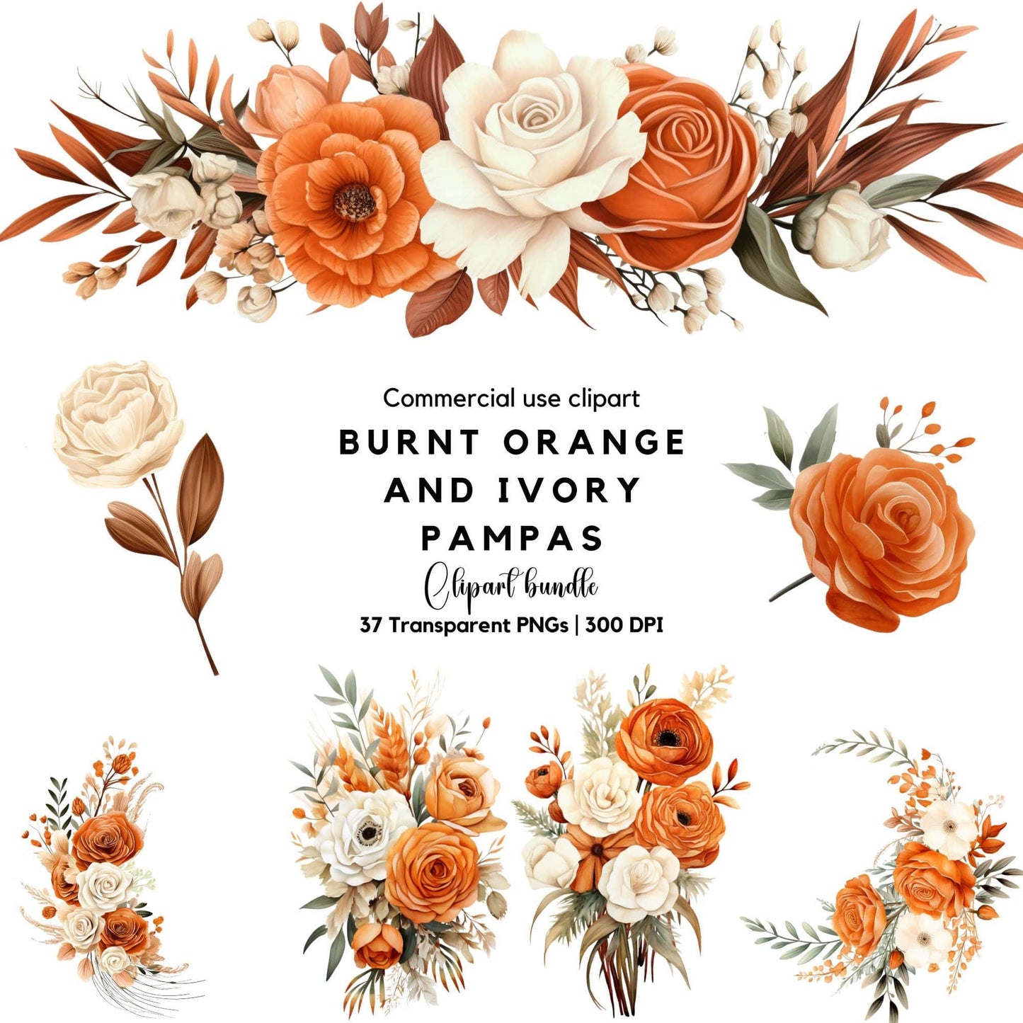 Burnt Orange & Ivory Pampas Floral Clipart