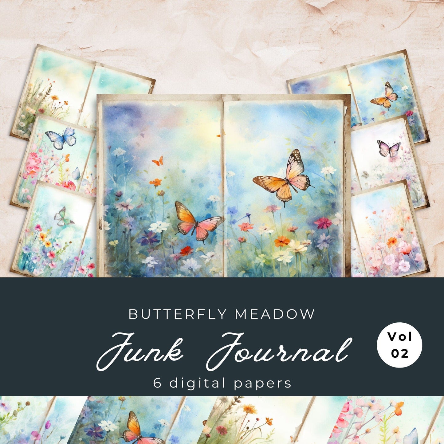 Butterfly Meadow Junk Journal Pages Vol 2 | 6 Digital Journal Pages | Scrapbook Pages | Butterfly Flower Journal | US Paper Size | JJ016