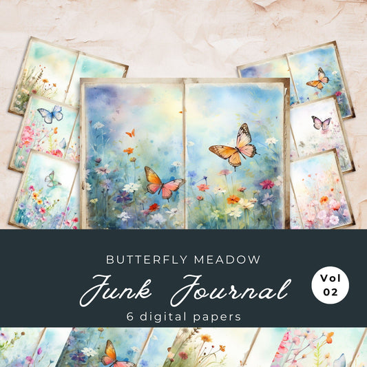 Butterfly Meadow Junk Journal Pages Vol 2 | 6 Digital Journal Pages | Scrapbook Pages | Butterfly Flower Journal | US Paper Size | JJ016