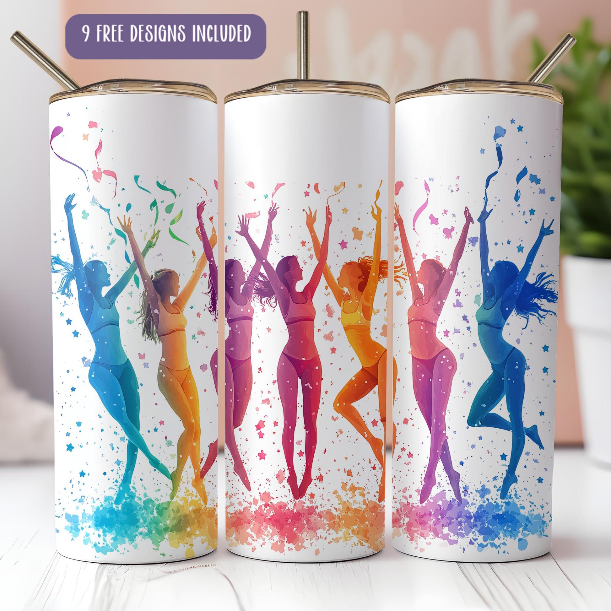 a set of three personalized tumbles with a picture of a woman dancing