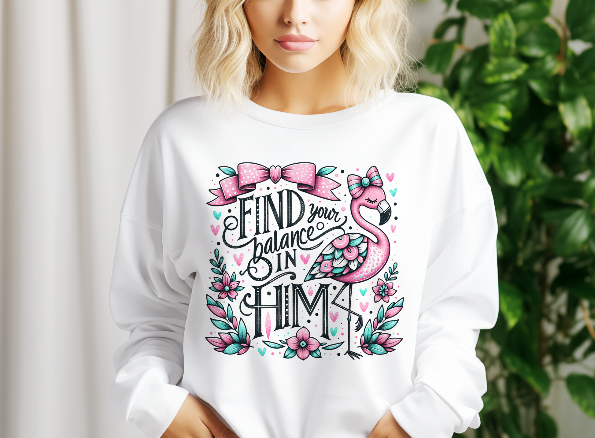 A woman wearing a white sweater with a colorful graphic design featuring a pink flamingo and the text "Find your balance in Him"