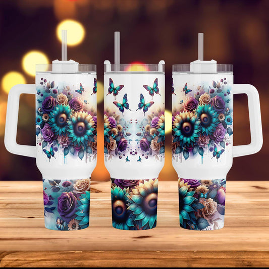a couple of cups sitting on top of a wooden table