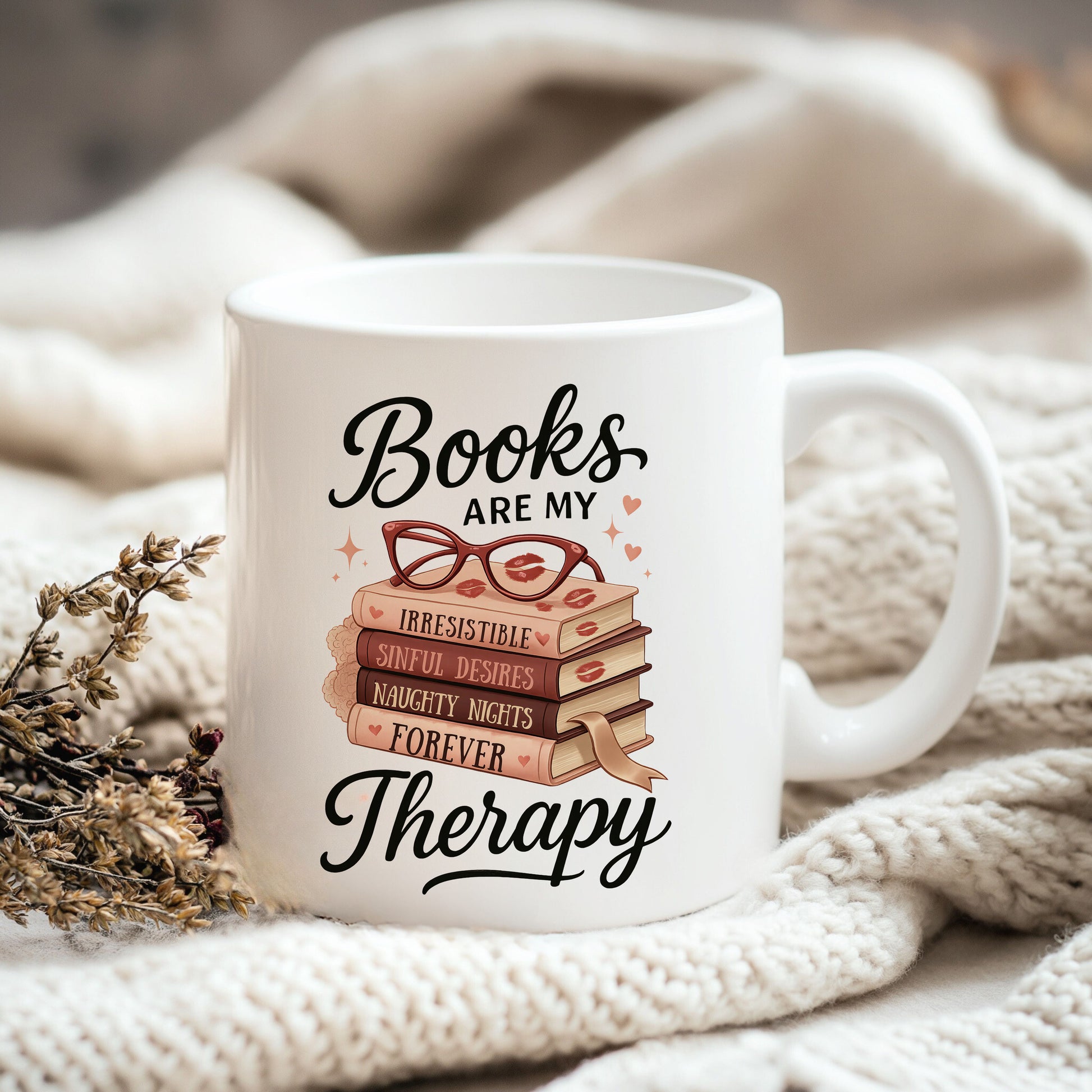 a coffee mug with books are my therapy written on it